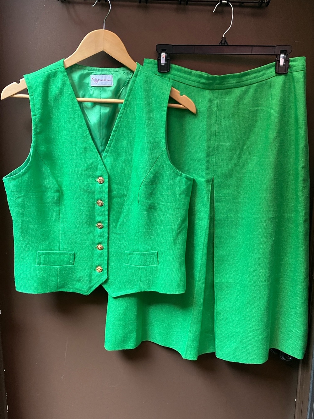 Evan Picone Lime Green A-Line Skirt Vest Set Linen M/L Vintage Tailored